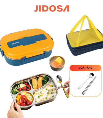 Hộp cơm giữ nhiệt văn phòng khay 4 ngăn inox 304 kèm bát đựng canh chống tràn tặng kèm đũa thìa