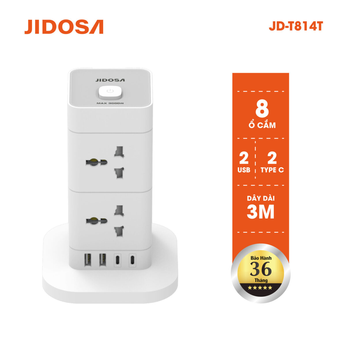 Ổ cắm điện đa năng jidosa hình tháp 8 ổ cắm công suất 3000w