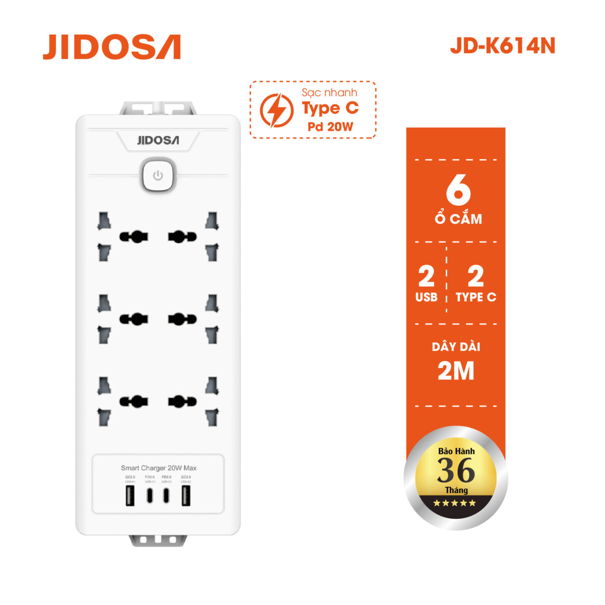 Ổ cắm điện dài det đa năng JIDOSA 6 ổ cắm sạc nhanh pd20w tích hợp ổ usb + type C