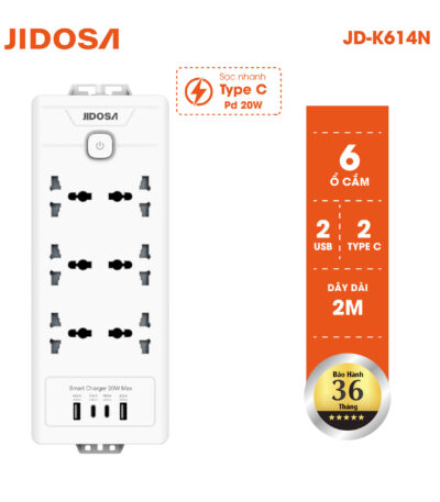Ổ cắm điện dài det đa năng JIDOSA 6 ổ cắm sạc nhanh pd20w tích hợp ổ usb + type C