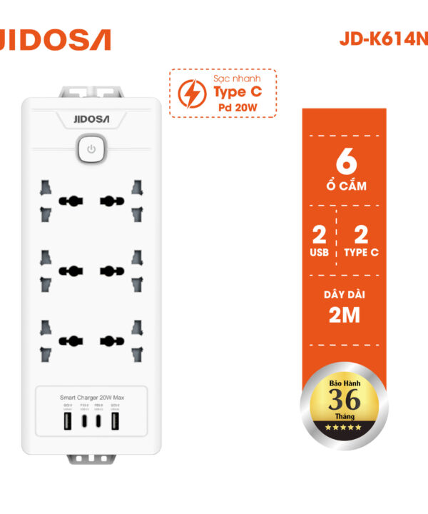 Ổ cắm điện dài det đa năng JIDOSA 6 ổ cắm sạc nhanh pd20w tích hợp ổ usb + type C