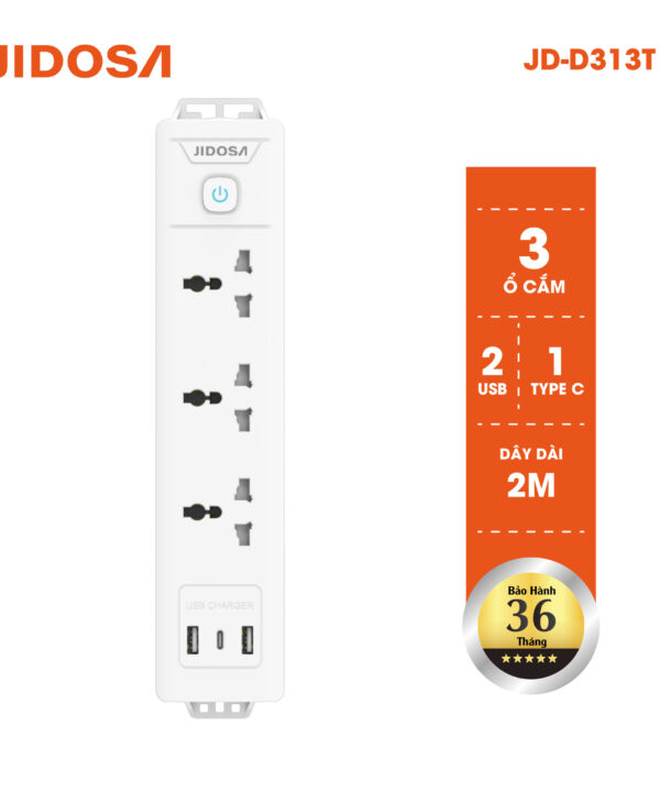 Ổ cắm điện dài đa năng Jidosa dài dẹt công suất 2500w tích hợp ổ usb + type C